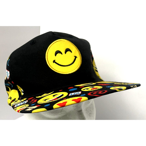 EMOJI LOL Smiley Face Baseball Cap Hat Adjustable Snap Back One Size Black NWT - Picture 1 of 8
